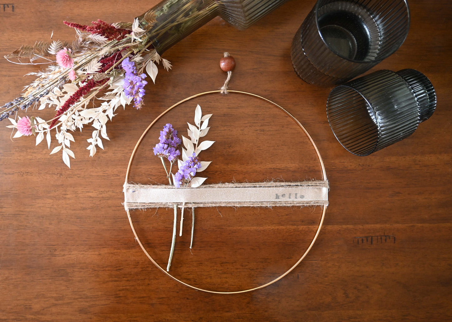 Dried Floral Metal Hoop Wreath (Hello)